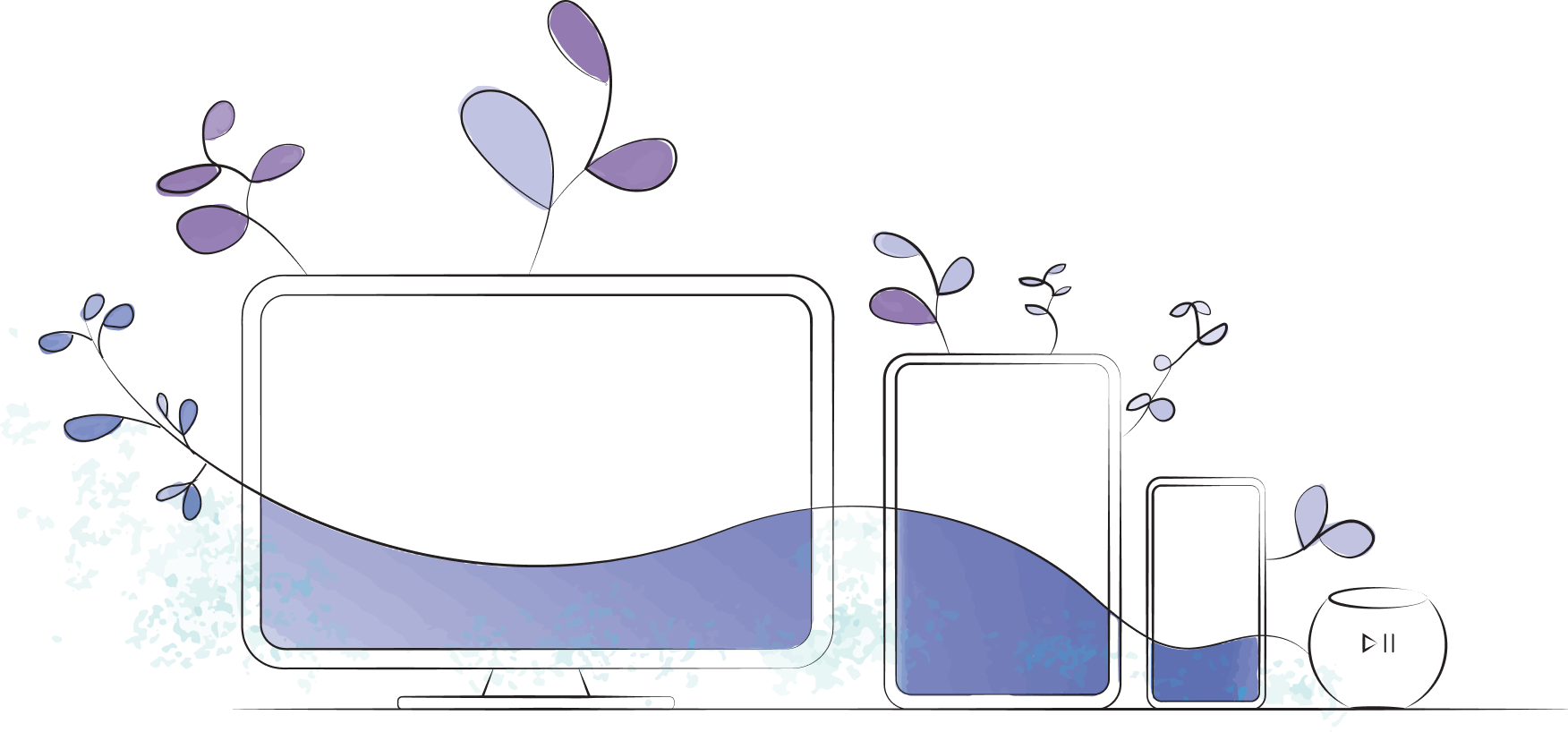 Desktop screen, tablet screen, mobile phone screen and smart speaker.