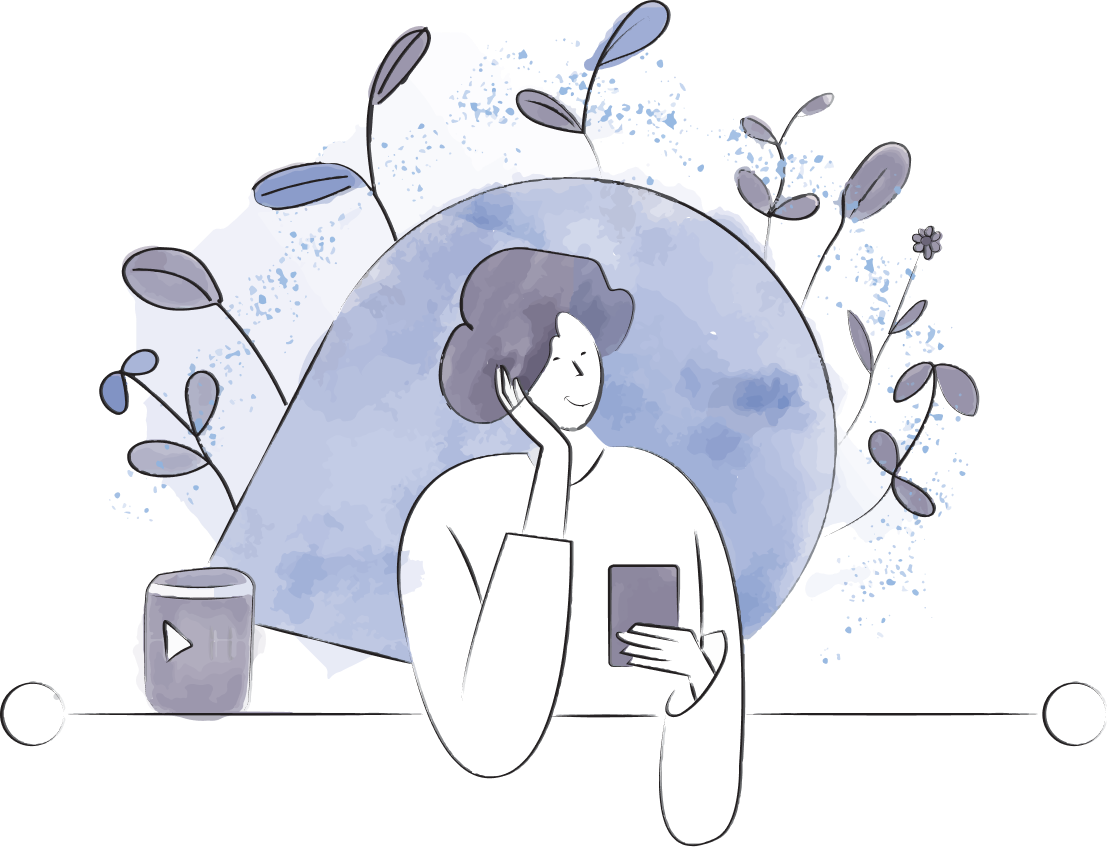 Woman next to smart speaker smiling with mobile device in her hand while listening to music.