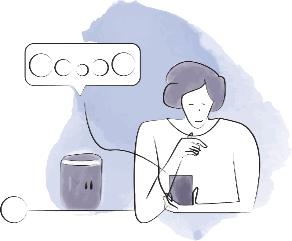 Woman next to smart speaker using mobile device in her hand to use app.
