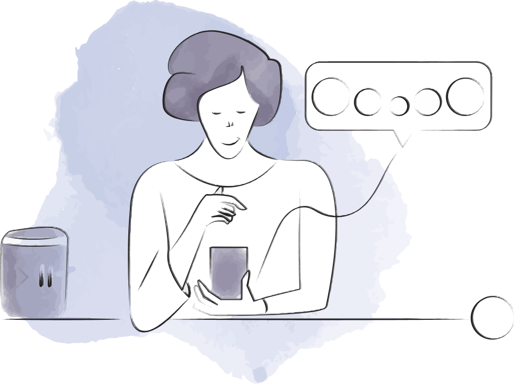 Woman next to smart speaker smiling using mobile device to use app.
