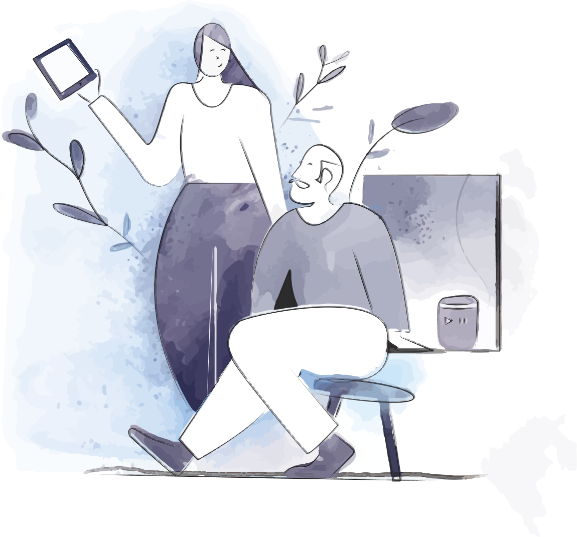 Caregiver holding tablet with older adult male sitting next to smart speaker.